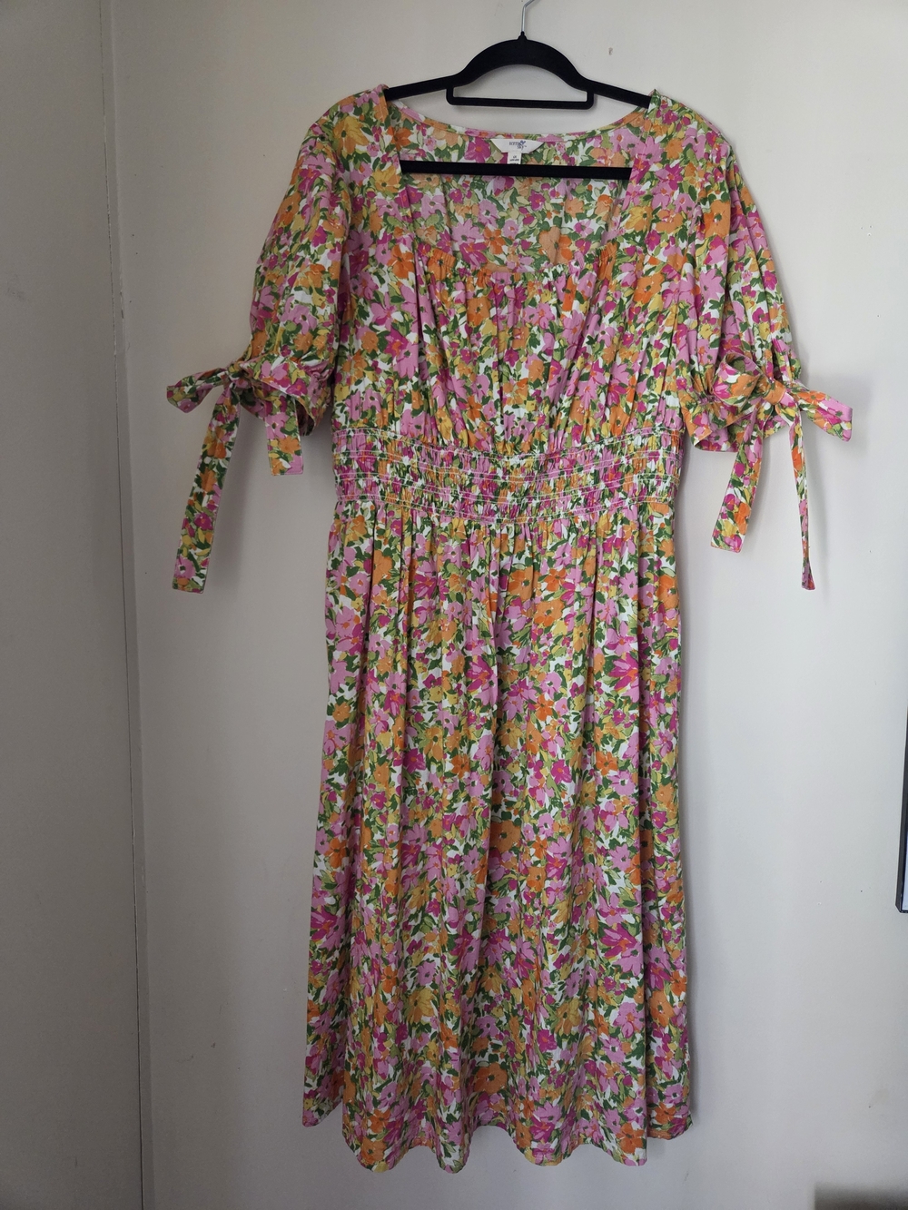 Terra & Sky Pink and Orange Floral Midi Dress with Tie Sleeves